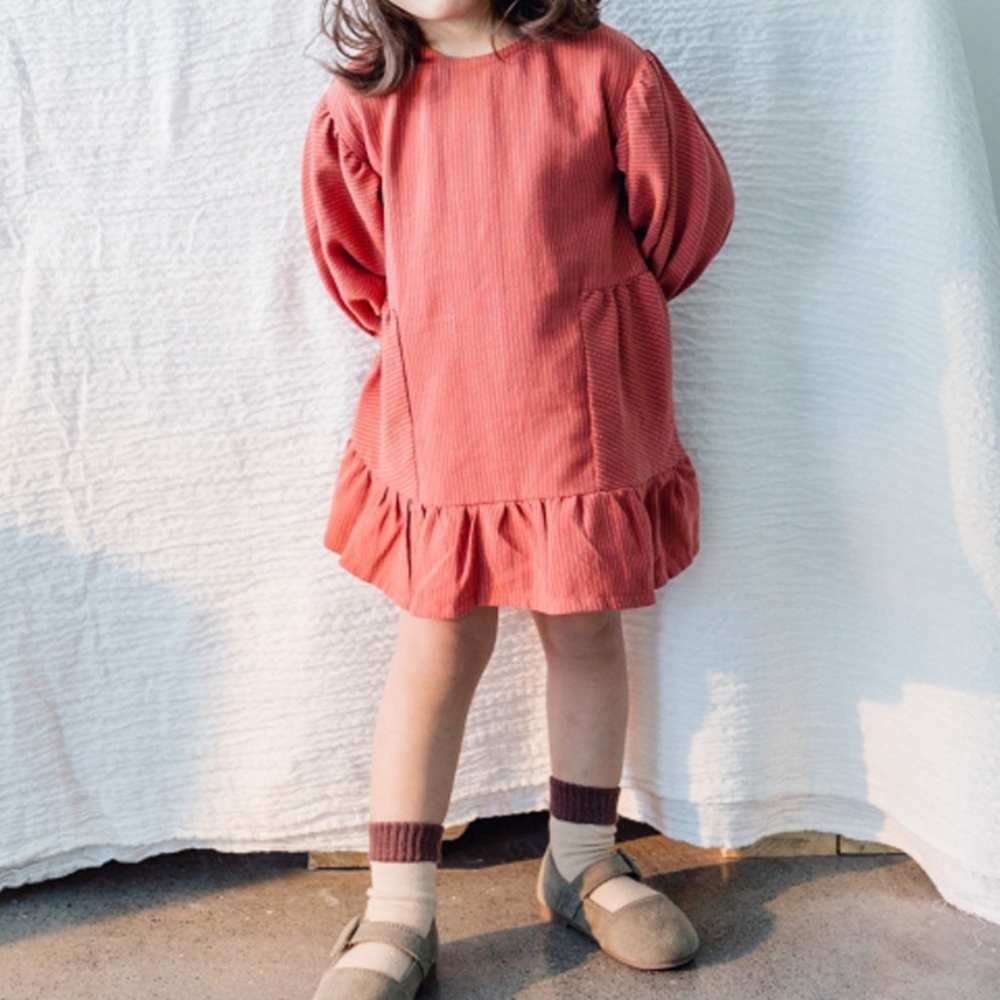 Girls Long Sleeve Cotton Brick Red Dress